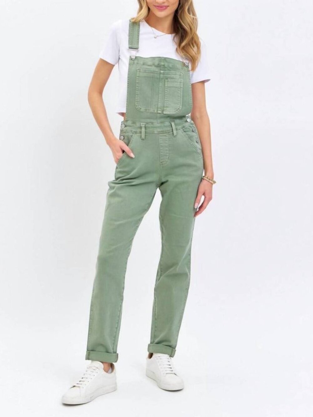Judy Blue High Waist Garment Dyed Sage Boyfriend Fit Denim Overalls Size Small